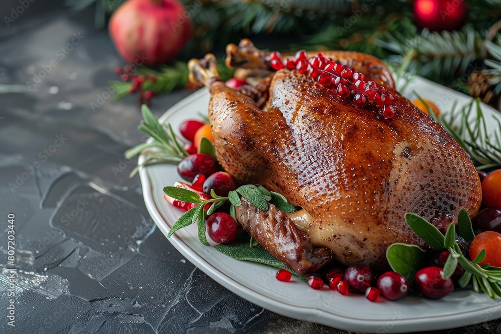 Christmas duck on white plate with fruit and herbs Marble background Copy space Concept Christmas duck on white plate with fruit and herbs Marble background Copy space Concept