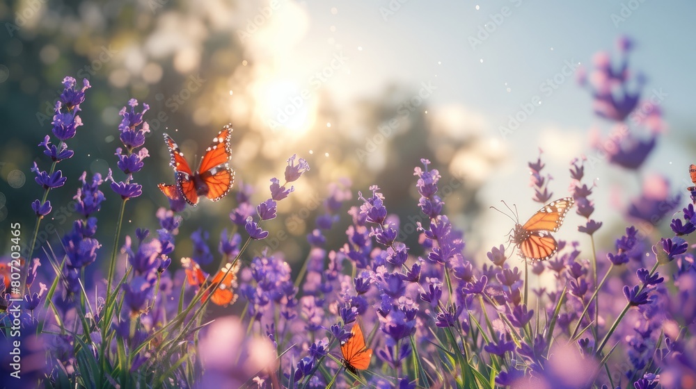 Naklejka premium A Summer Meadow Filled with Lavender Flowers and Butterflies
