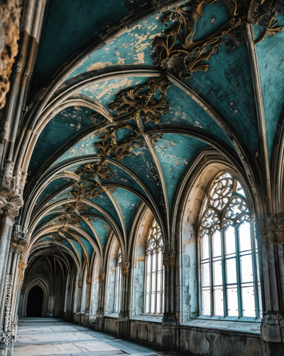 A long hallway with a ribbed-vault ceiling with faded blue paint and ornate golden flourishes.