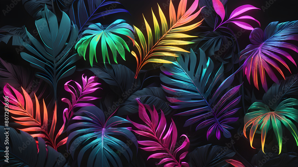 Multicolored tropical leaves backlight neon. Abstract background with palm and tropical leaves, neon Multicolored tropical leaves backlight neon. Abstract background with palm and tropical leaves, neon