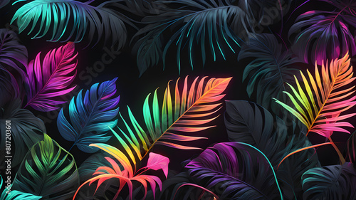 Multicolored tropical leaves backlight neon. Abstract background with palm and tropical leaves, neon © Adi