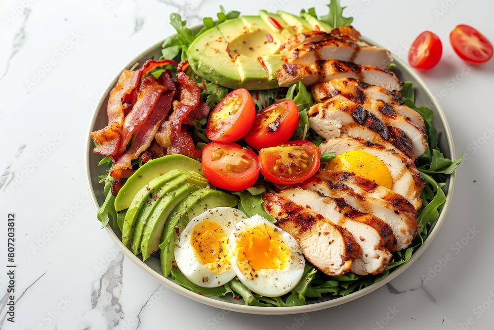 Classic American Cobb salad on marble background with grilled chicken avocado egg bacon Healthy Keto option Copy space Classic American Cobb salad on marble background with grilled chicken avocado egg bacon Healthy Keto option Copy space