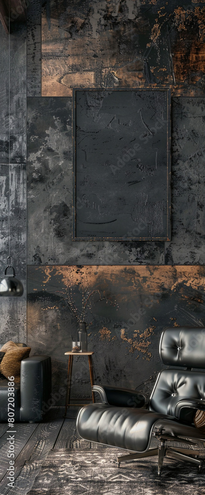 Dark living room interior with mid-century modern furniture and copper ...