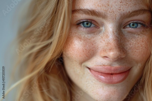 Freckles blonde blue eyed woman  perfect skin smiling
