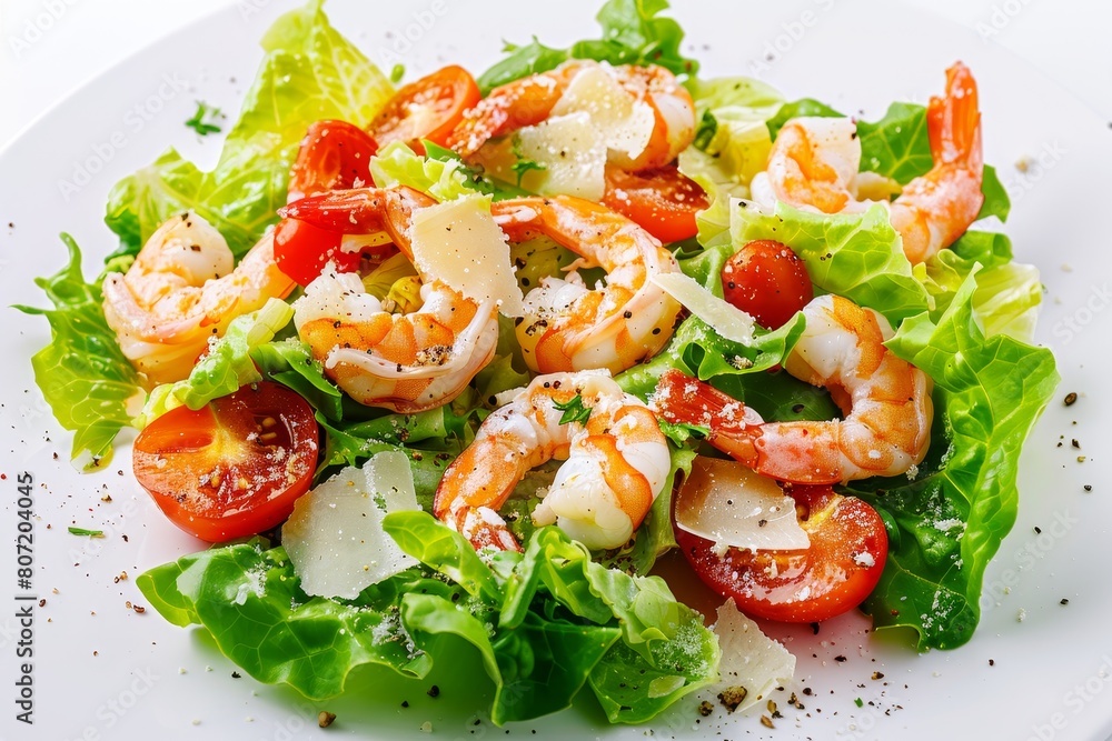 Classic Caesar salad with romano shrimp parmesan and cherry tomatoes close up on white background Classic Caesar salad with romano shrimp parmesan and cherry tomatoes close up on white background