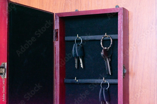 Bunch of keys in safe box. Hanging key, concept of secure safety of houses, home.