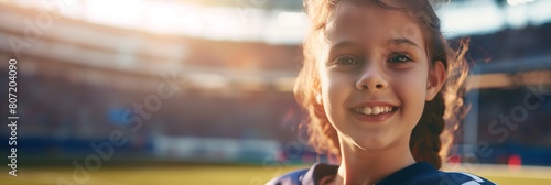 Smiling young girl with a soccer field background represents sports and childhood glee