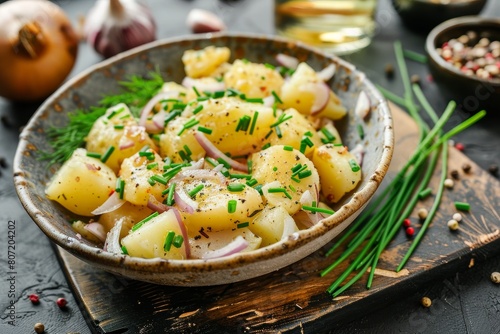 Classic German potato salad with onions and chives served in a rustic black board bowl photo