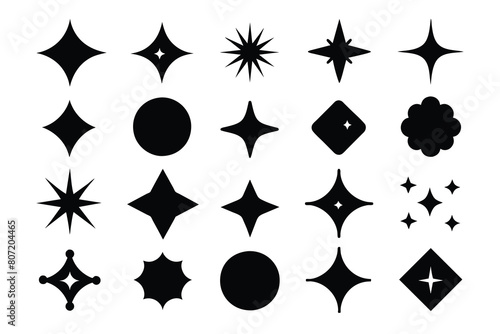 Set of different black sparkles icons black Silhouette Design with white Background and Vector