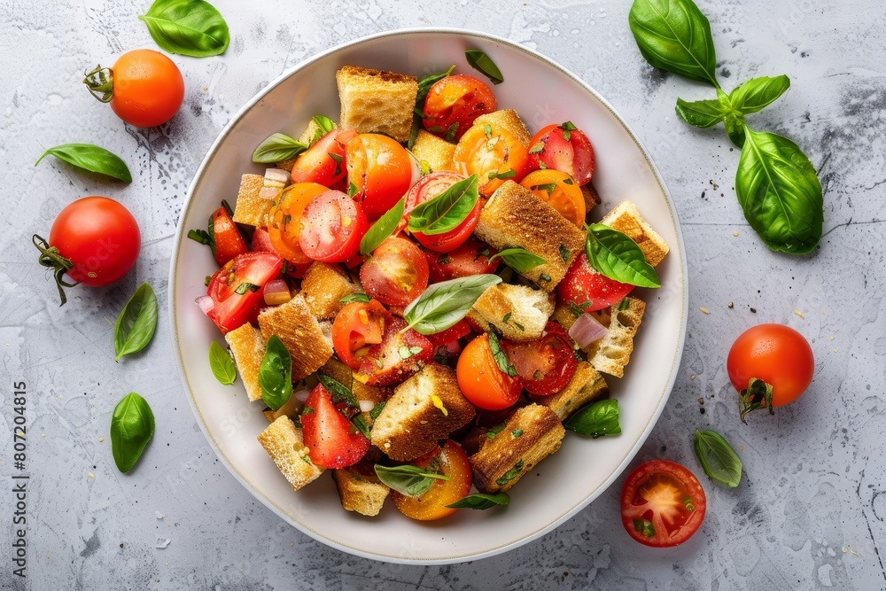 Classic Panzanella salad with fresh tomatoes and crunchy bread viewed from above