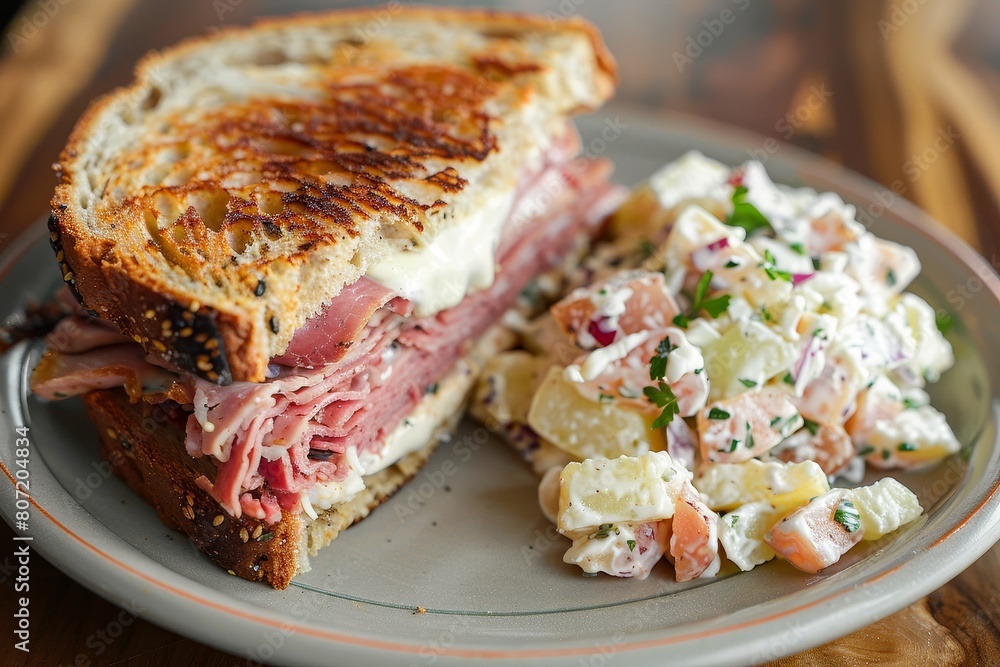 Classic reuben sandwich sliced in quarters with side of potato salad Classic reuben sandwich sliced in quarters with side of potato salad