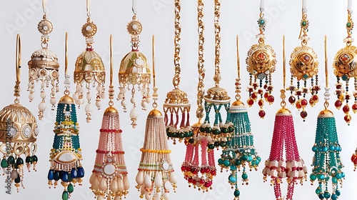Collection of colorful jhumars showcased elegantly against a white background, capturing the essence of traditional adornment and cultural heritage. photo