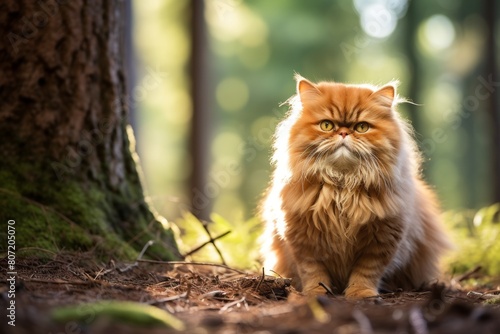 Group portrait photography of a smiling persian cat whisker twitching while standing against forest background