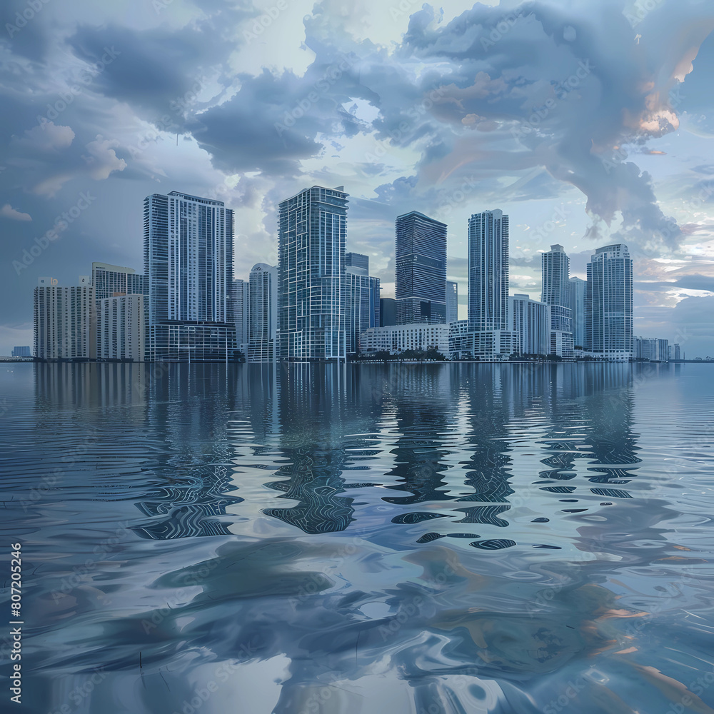 Miami skyline flooding - AI interpretation showing severity of climate change 