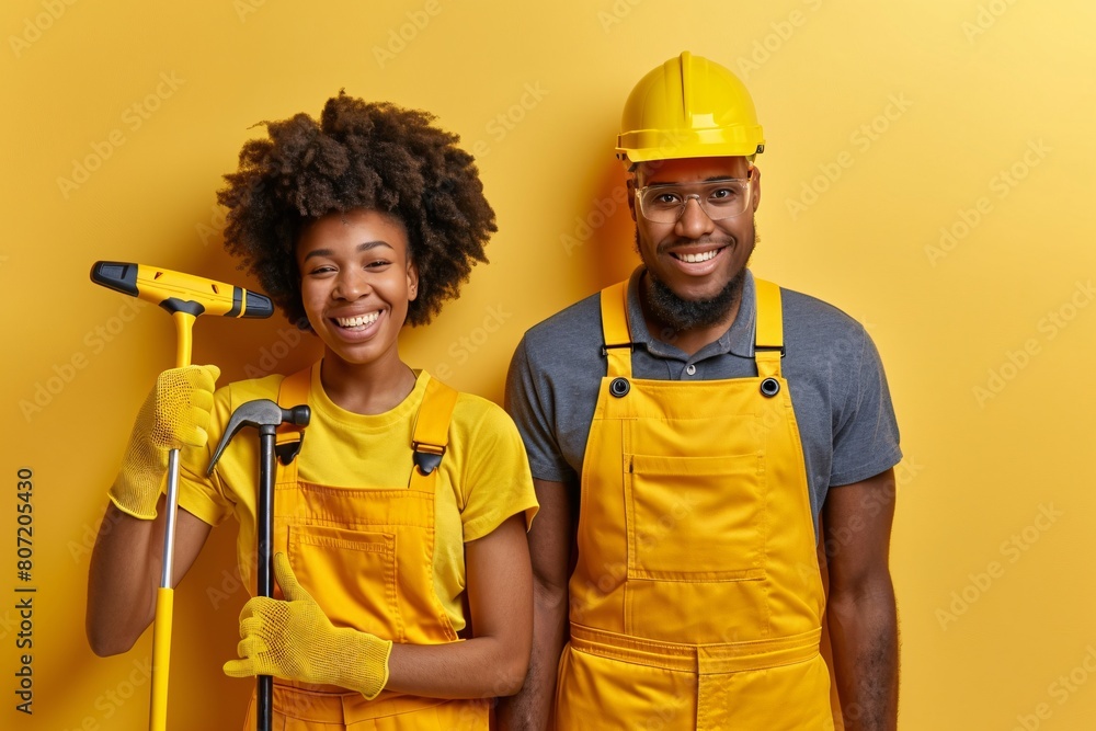 Happy Construction Workers in Yellow Overalls with Tools on Yellow Background
Happy Construction Workers in Yellow Overalls with Tools on Yellow Background