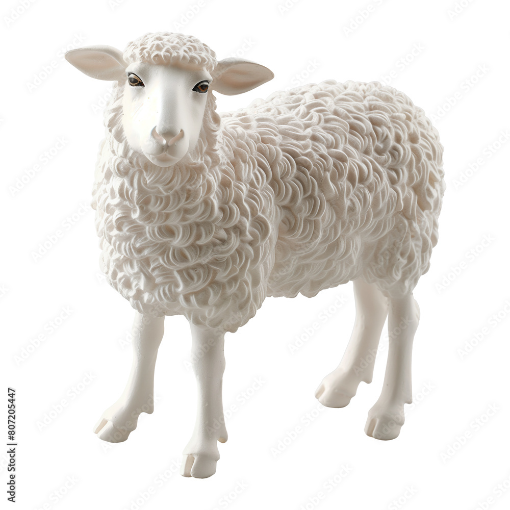 Obraz premium Detailed Plastic Toy Sheep with Curly Wool Texture, Standing Pose, White Color - Isolated - Transparent Background
