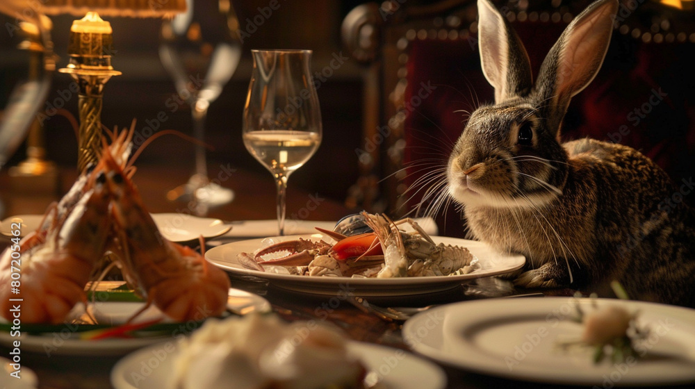 Fototapeta premium Rabbit eating seafood at a fancy restaurant