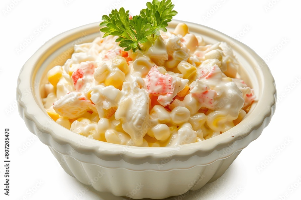 Classic Russian salad with corn crab meat and mayo on white background close up Classic Russian salad with corn crab meat and mayo on white background close up
