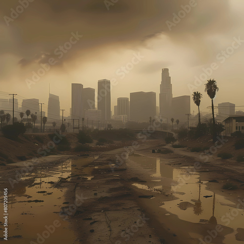 AI interpretation of LA skyline after climate change lots of smog and smoke 