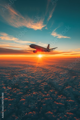 Airplane Flying Over Clouds at Sunset