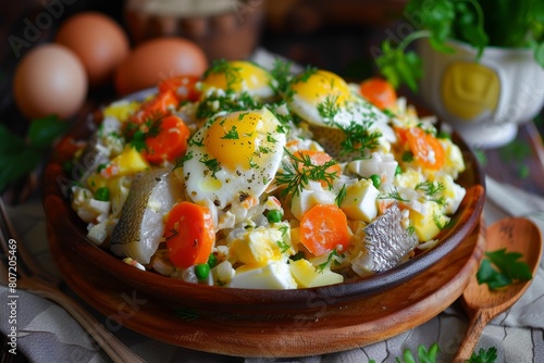 Classic Russian salad with fish eggs potatoes and carrots photo