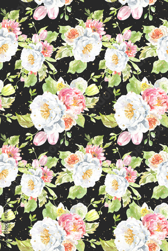 Watercolor peony seamless pattern, spring flowers green clipart, leaves. , black, scrapbooking,wallpaper,wrapping, gift,paper, for clothes, children textile,digital paper, floral drop, pattern