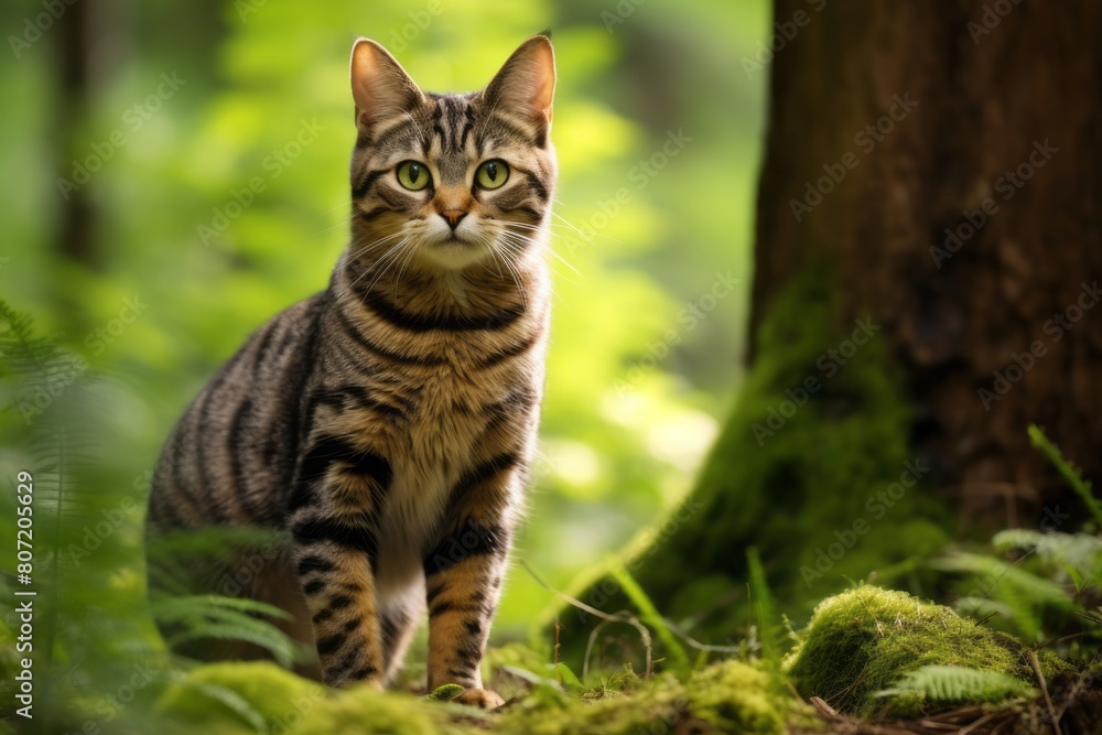 Medium shot portrait photography of a smiling american shorthair cat back-arching isolated on forest background Medium shot portrait photography of a smiling american shorthair cat back-arching isolated on forest background