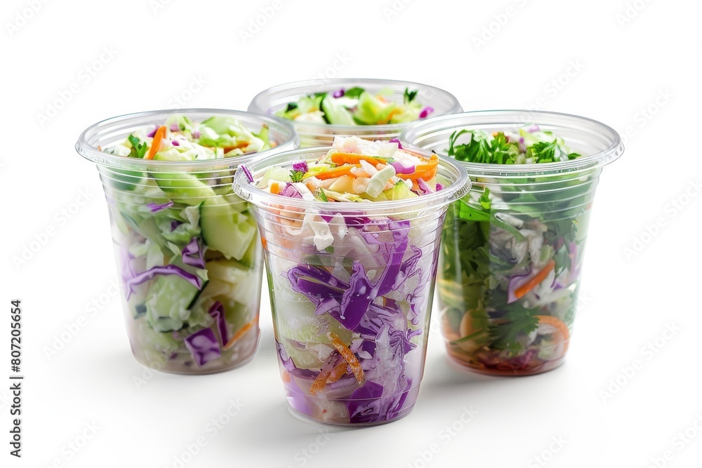Clear plastic cups with medium servings of coleslaw isolated in white background with blurred edges Clear plastic cups with medium servings of coleslaw isolated in white background with blurred edges