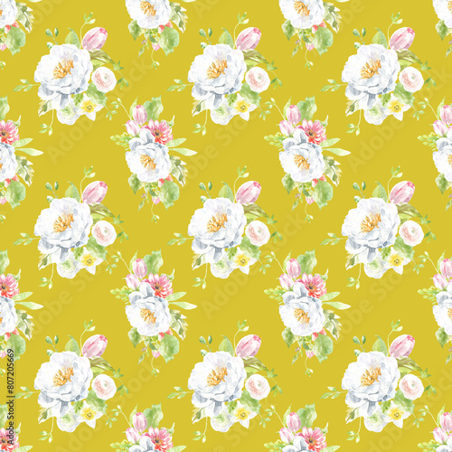 Watercolor peony seamless pattern, spring flowers green clipart, leaves. , mustard, scrapbooking,wallpaper,wrapping, gift,paper, for clothes, children textile,digital paper, floral drop, pattern