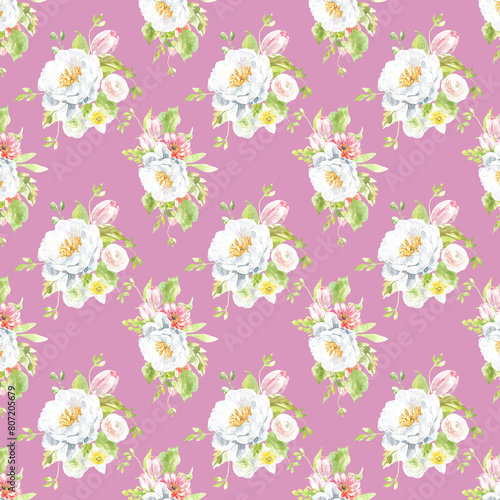 Watercolor peony seamless pattern, spring flowers green clipart, leaves. , pink,marsals, scrapbooking,wallpaper,wrapping, gift,paper, for clothes, children textile,digital paper, floral drop, pattern