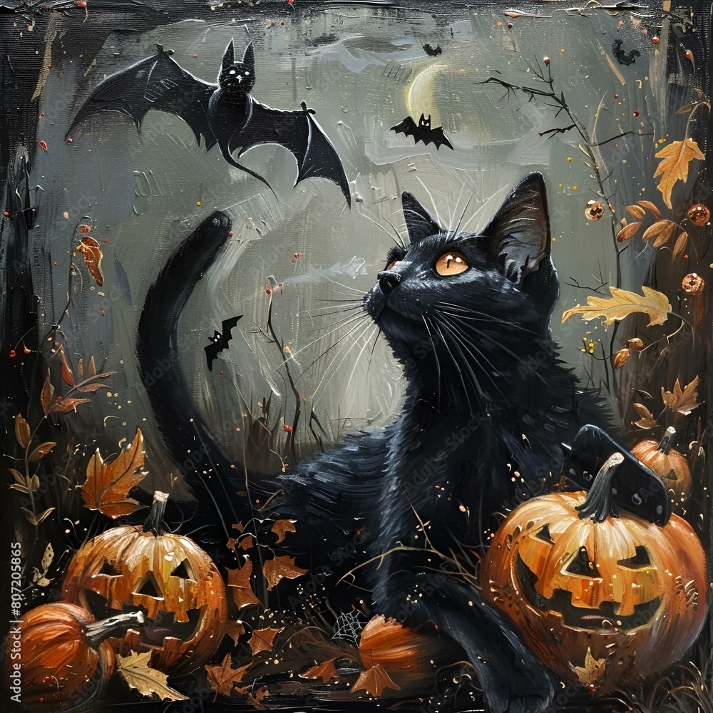 AI generated illustration of a Halloween black cat painting and carved pumpkins