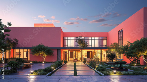 A 3D rendering capturing the essence of a modern luxury house with a vibrant coral exterior, set against a twilight sky. 