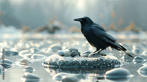 crow putting pebbles in a crystal pot to raise water