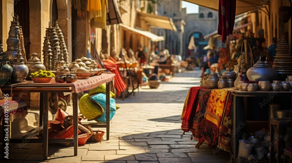 Lively ancient Greek marketplace with colorful stalls exotic goods