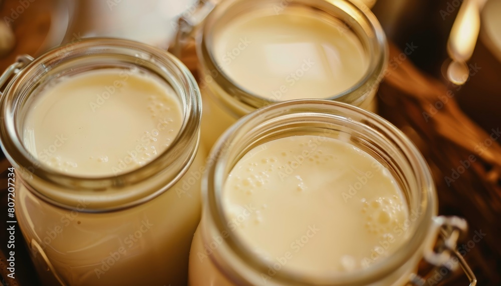 Close up of dairy products in glass jars Close up of packaged dairy product Homemade yogurt made from cow s milk Close up of dairy products in glass jars Close up of packaged dairy product Homemade yogurt made from cow s milk