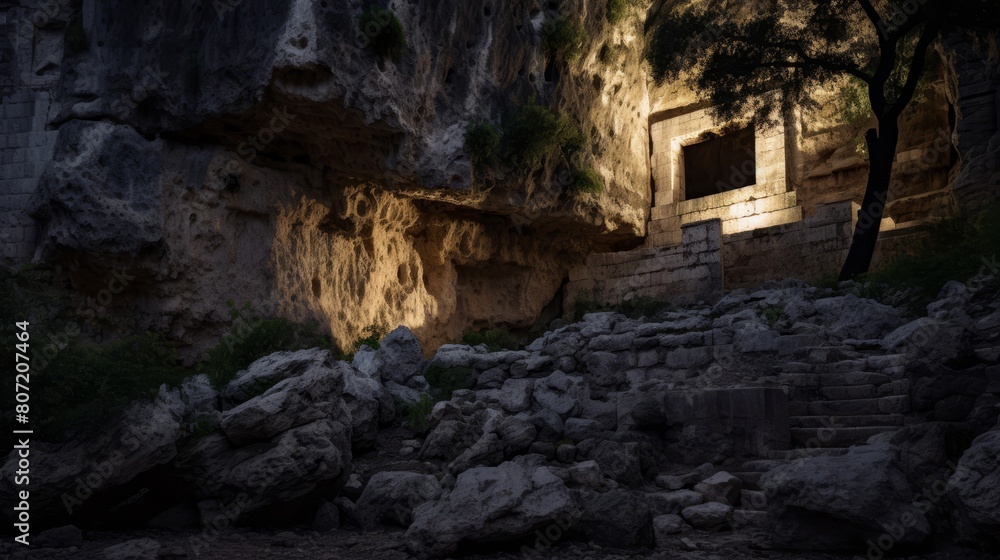 Secret cave under Athens' Acropolis holding ancient secrets and illuminated by torchlight