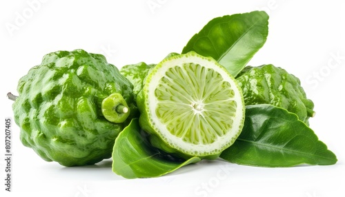 Close up of isolated bergamot fruit with leaf on white background