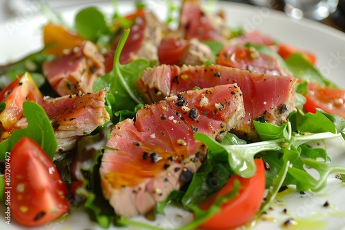 Close up of NiÃ oise salad with seared tuna on white plate photo