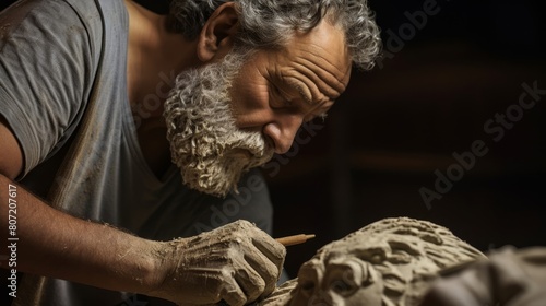 Hero statue being sculpted by Greek artist from marble taking shape