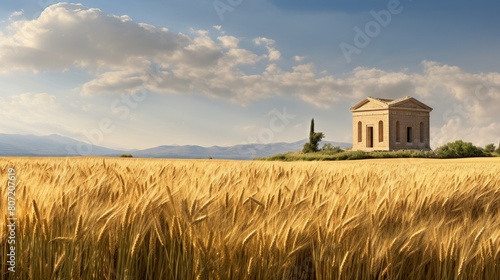 Temple dedicated to goddess Demeter surrounded by wheat fields
