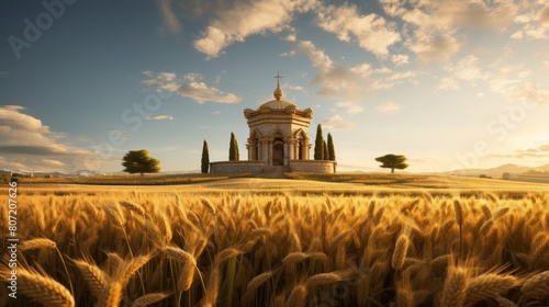 Goddess Demeter's temple amidst lush wheat fields photo