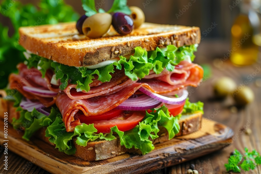 Close up photo of a club sandwich with various meats veggies and mustard on rye bread olives in background Close up photo of a club sandwich with various meats veggies and mustard on rye bread olives in background