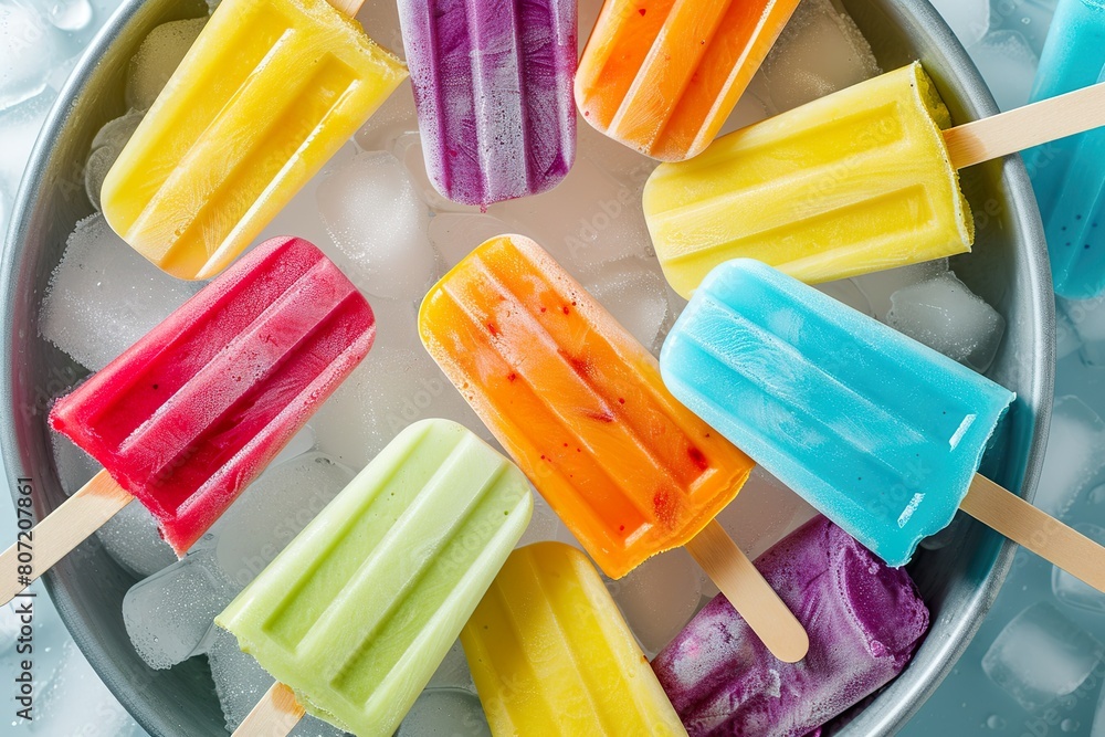 Colorful Popsicles in Ice Bucket Top View Colorful Popsicles in Ice Bucket Top View