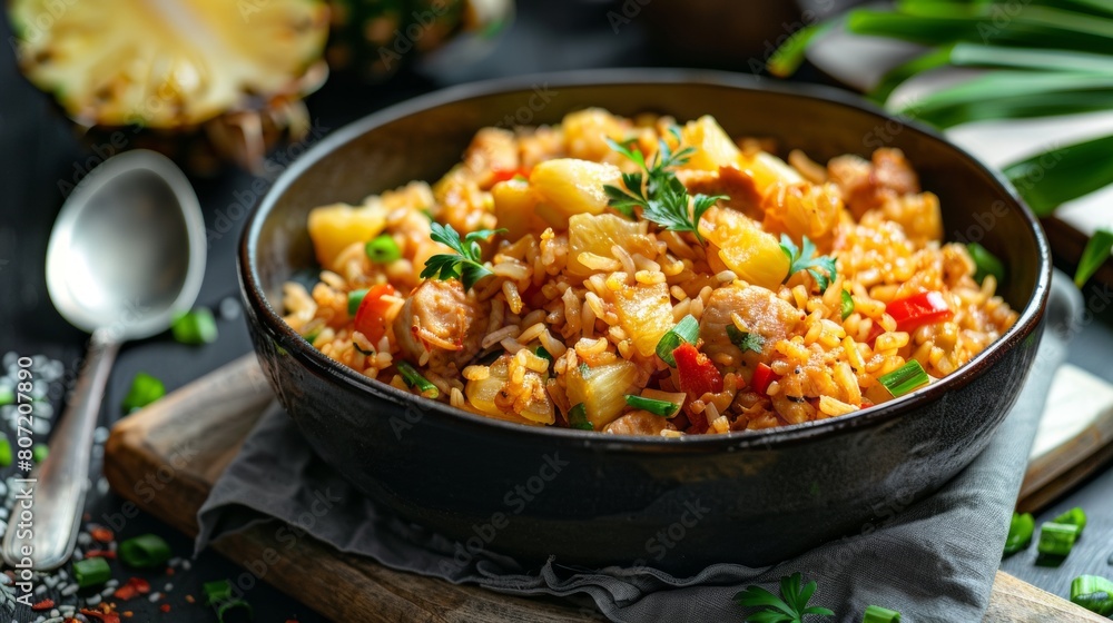 Chicken with pineapple and rice in Thai. Chicken with pineapple and rice in Thai.