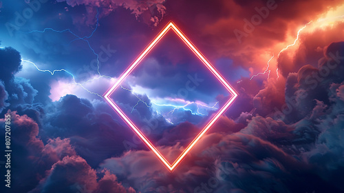 A 3D rendering of an abstract neon rhombus frame, glowing vibrantly against a backdrop of tumultuous storm clouds rolling in a night sky,  photo