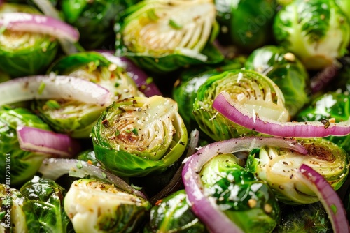 Close up photo of cooked Brussels sprouts and onion