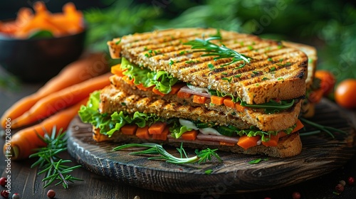   A perfectly grilled sandwich atop a wooden cutting board  surrounded by vibrant carrots and a savory sauce