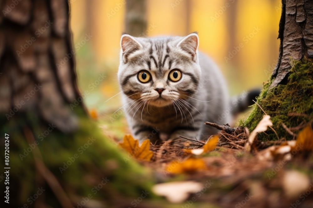 Group portrait photography of a cute scottish fold cat exploring in forest background