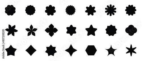 Set of Basic shape, star shapes, asterisks icons. Polygonal elements. Black geometric design symbol, starburst collection. Sign for banner and sale in vector flat style.