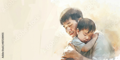 A touching image of a father holding his young child close, encapsulated in a abstract watercolor setting. Father's day concept.